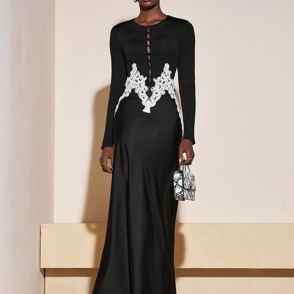 Black Elegant Women's Floral Long Sleeve Maxi Dress - Picture 7 of 8